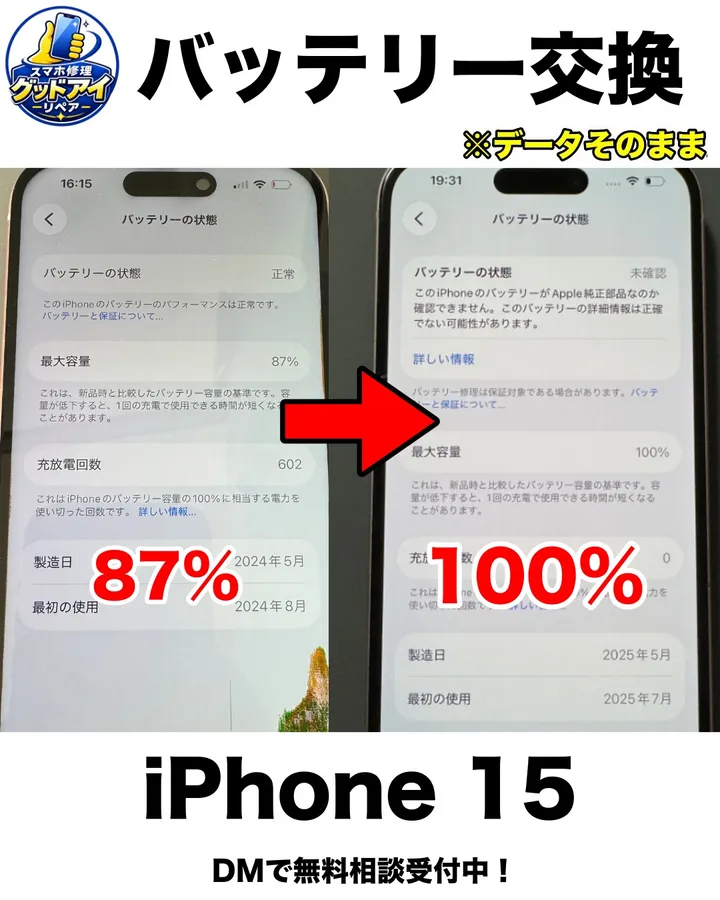 iPhone 15のバッテリー交換。最大容量87%（左）から100%（右）へ