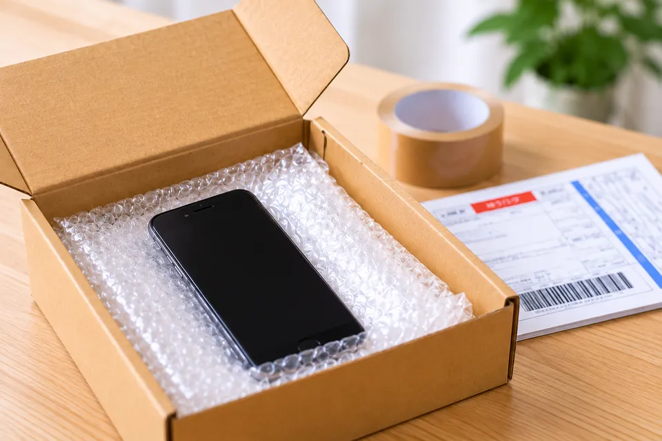 緩衝材を敷いた箱にiPhoneを入れて、郵送の準備をしている様子