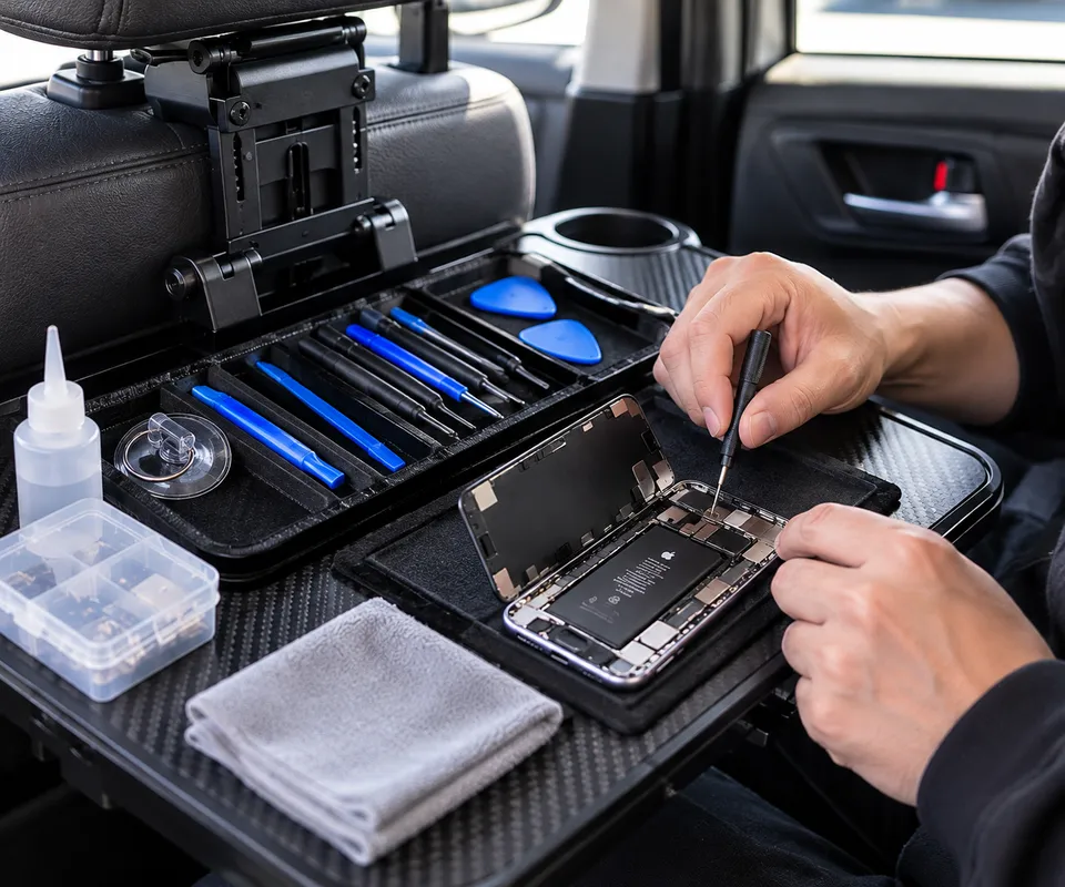 車内の作業台で、工具を使ってiPhoneを修理している様子